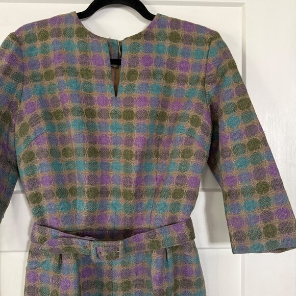 50's Vintage Handmade Purple & Green Wool Belted Sheath Dress Sz M? - Picture 2 of 9